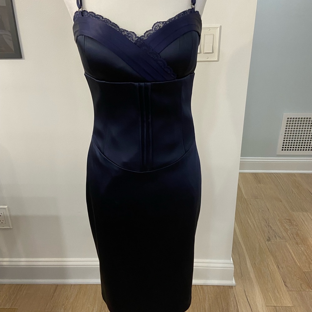 Navy Blue Cocktail Dress Lace Trim